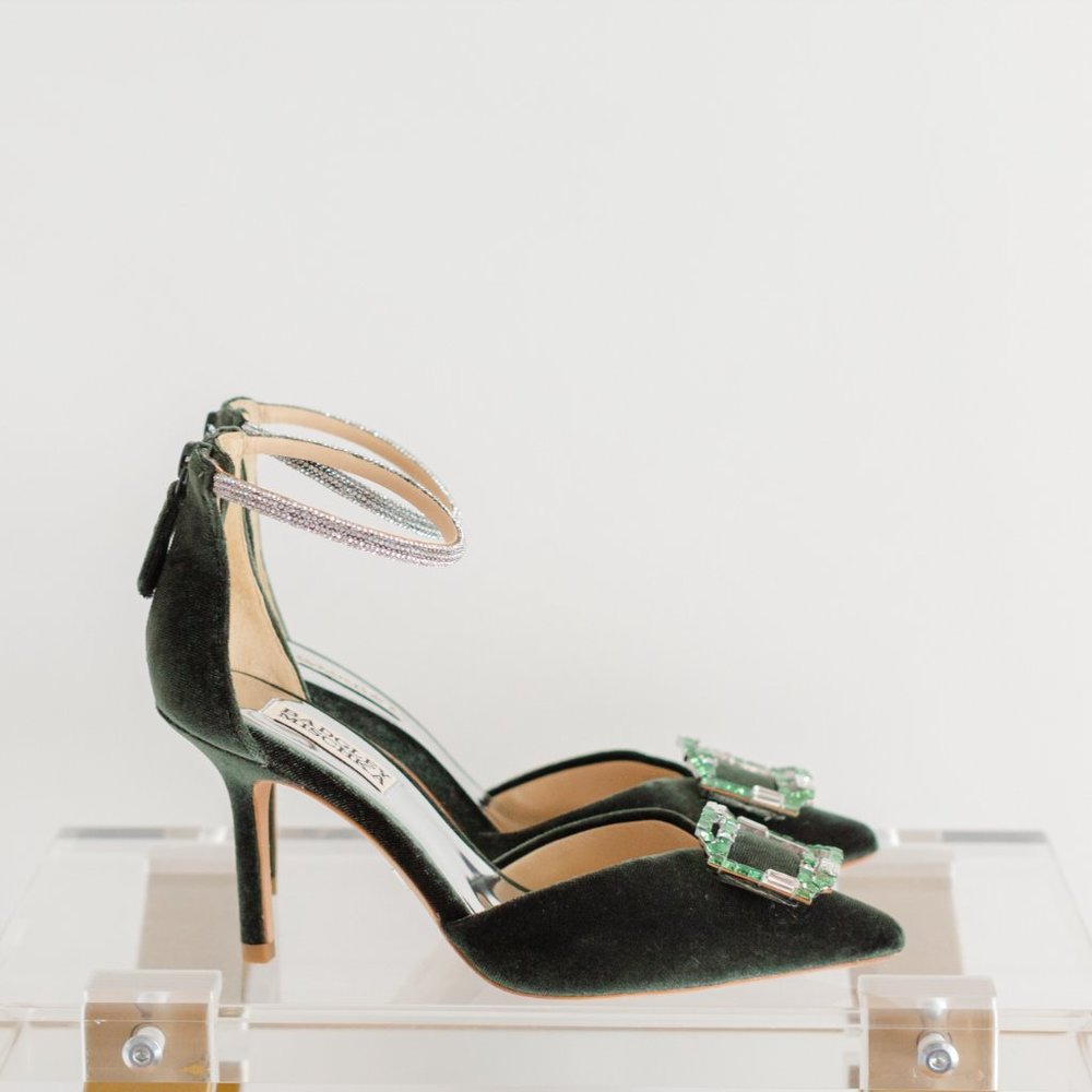 Badgley Mischka 5.5 Marlow Velvet Green Heels Emerald Ornament Stilettos - Picture 10 of 16